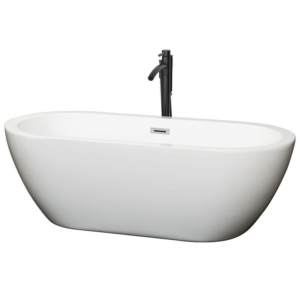 Soho 68 inch Freestanding Bathtub in White with Polished Chrome Trim and Faucet in Matte Black