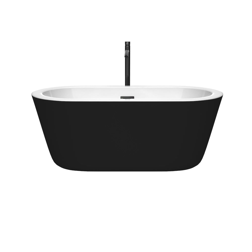 Mermaid 60 inch Freestanding Bathtub in Black with Faucet, Drain and Overflow Trim in Matte Black