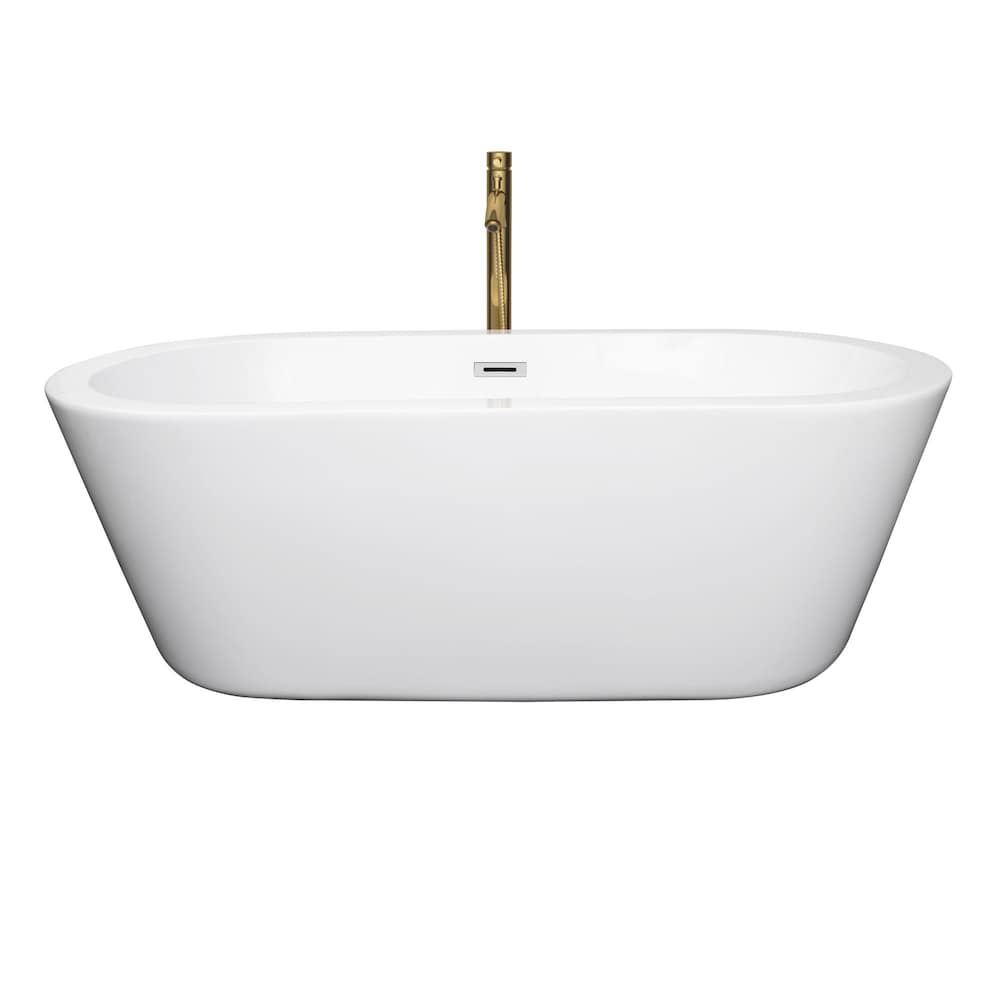 Baignoire autoportante Mermaid de 67 pouces en blanc avec garniture en chrome poli et robinet en or brossé