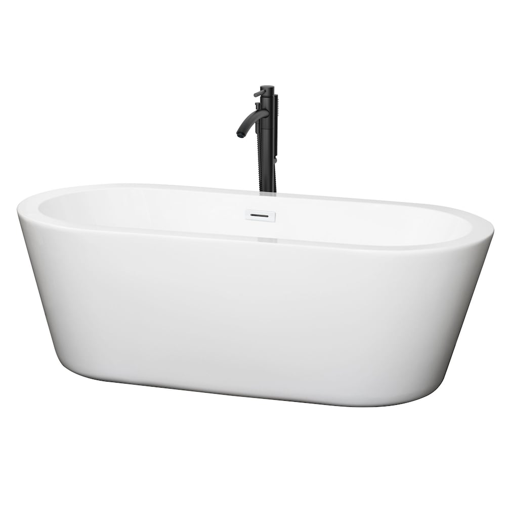 Mermaid 67 inch Freestanding Bathtub in White with Shiny White Trim and Faucet in Matte Black