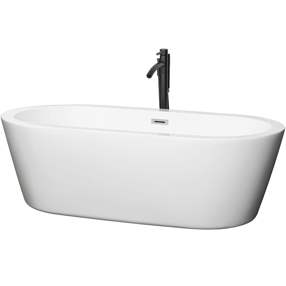 Baignoire autoportante Mermaid de 71 pouces en blanc avec garniture en chrome poli et robinet en noir mat