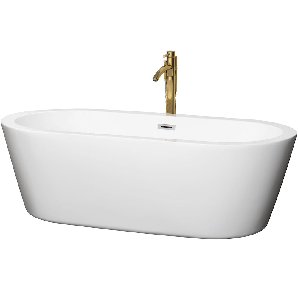 Mermaid 71 inch Freestanding Bathtub in White with Polished Chrome Trim and Faucet in Brushed Gold