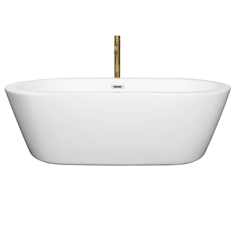 Mermaid 71 inch Freestanding Bathtub in White with Polished Chrome Trim and Faucet in Brushed Gold