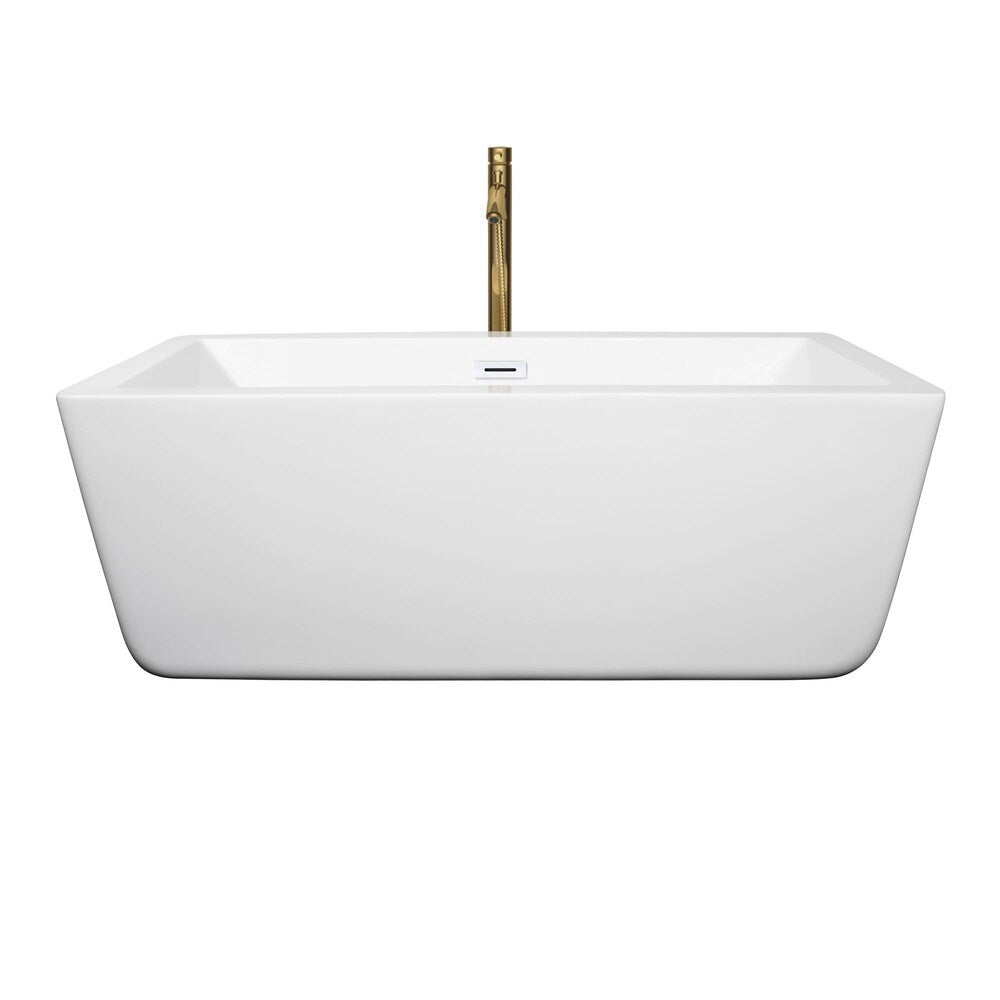 Baignoire autoportante Laura de 59 pouces en blanc avec garniture blanche brillante et robinet en or brossé