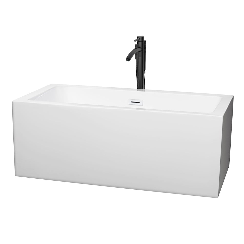 Melody 60 inch Freestanding Bathtub in White with Shiny White Trim and Faucet in Matte Black