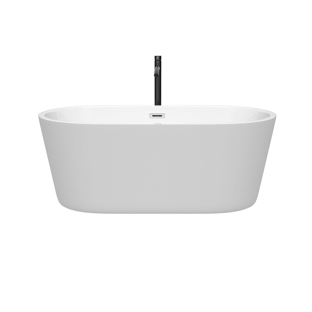 Baignoire autoportante Carissa de 60 pouces en blanc avec garniture en chrome poli et robinet en noir mat