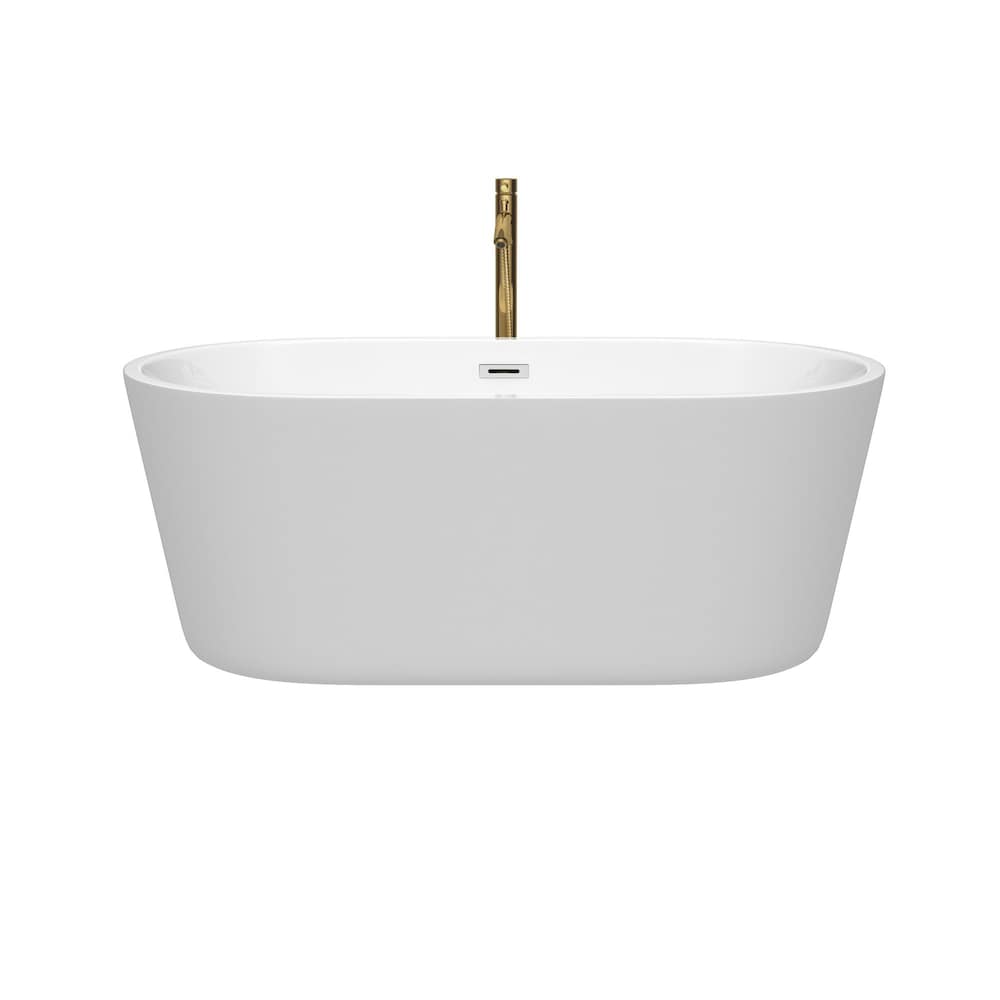 Carissa 60 inch Freestanding Bathtub in White with Polished Chrome Trim and Faucet in Brushed Gold