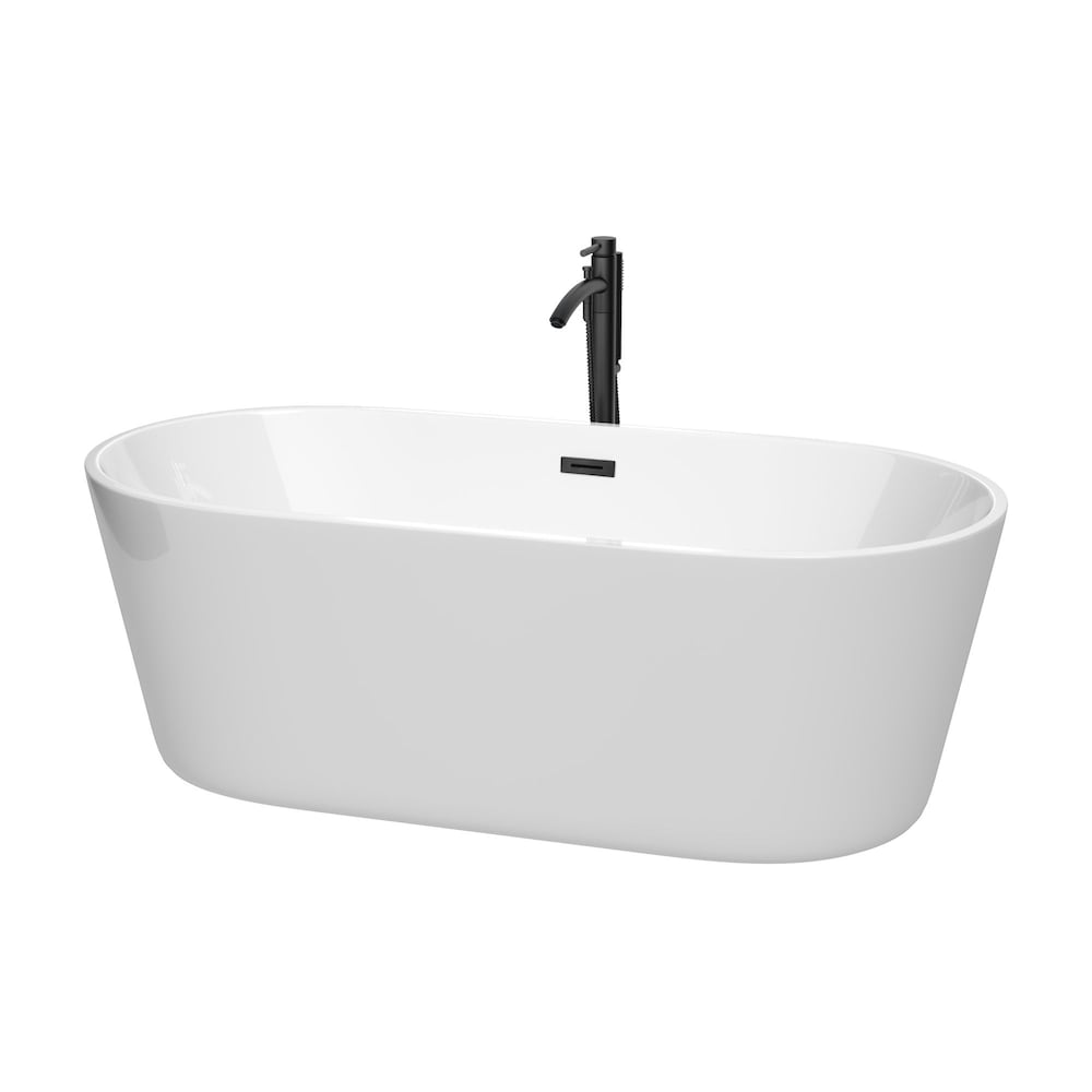 Baignoire autoportante Carissa de 67 pouces en blanc avec robinet, drain et garniture de trop-plein en noir mat