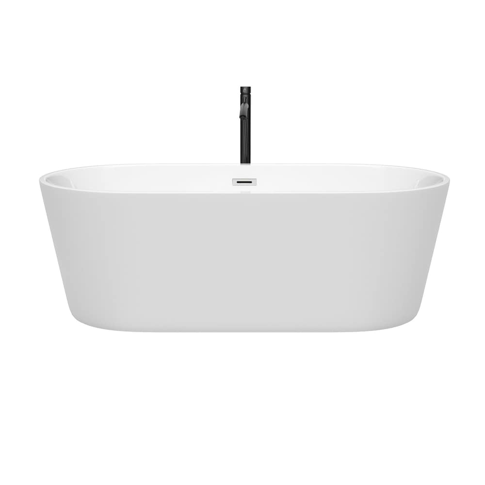 Baignoire autoportante Carissa de 67 pouces en blanc avec garniture en chrome poli et robinet en noir mat