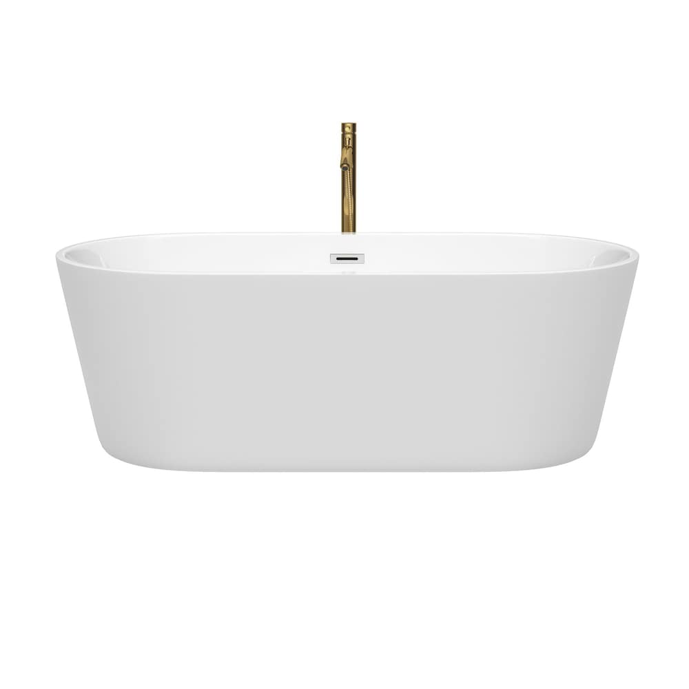 Baignoire autoportante Carissa de 67 pouces en blanc avec garniture en chrome poli et robinet en or brossé