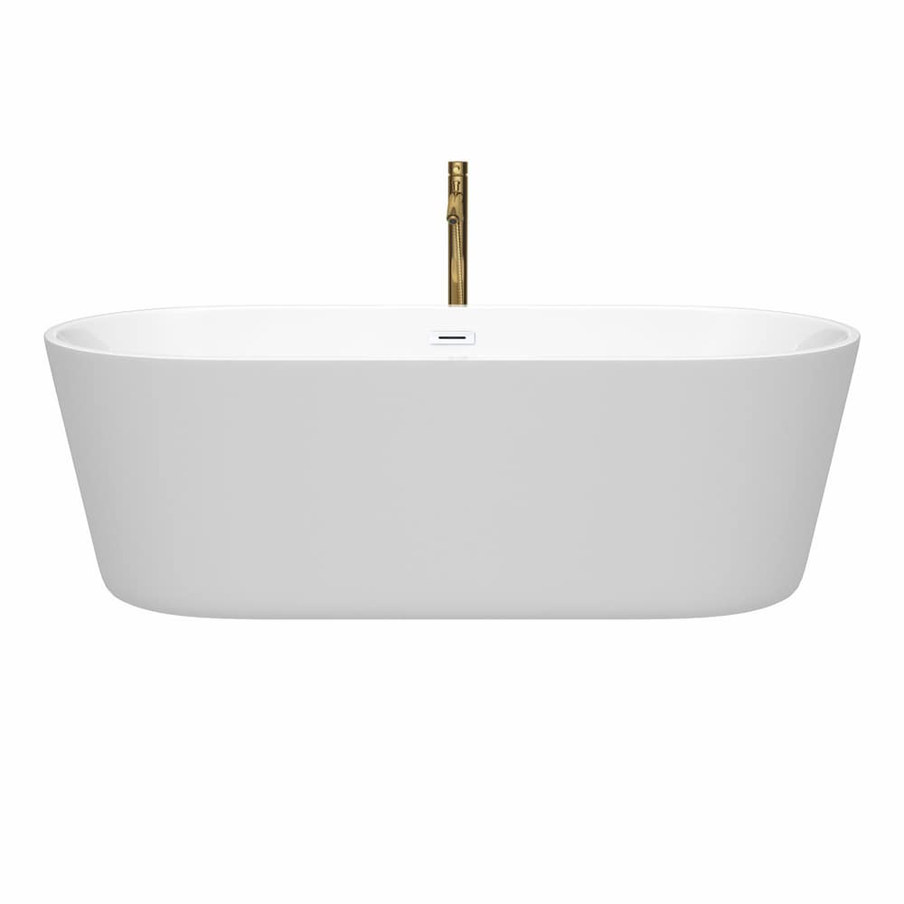Baignoire autoportante Carissa de 71 pouces en blanc avec garniture blanche brillante et robinet en or brossé