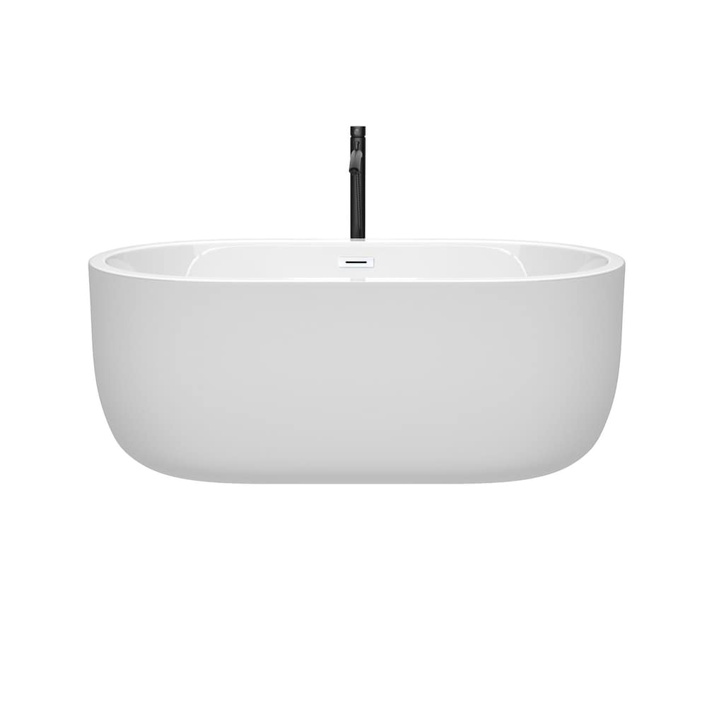 Baignoire autoportante Juliette de 60 pouces en blanc avec garniture blanche brillante et robinet en noir mat