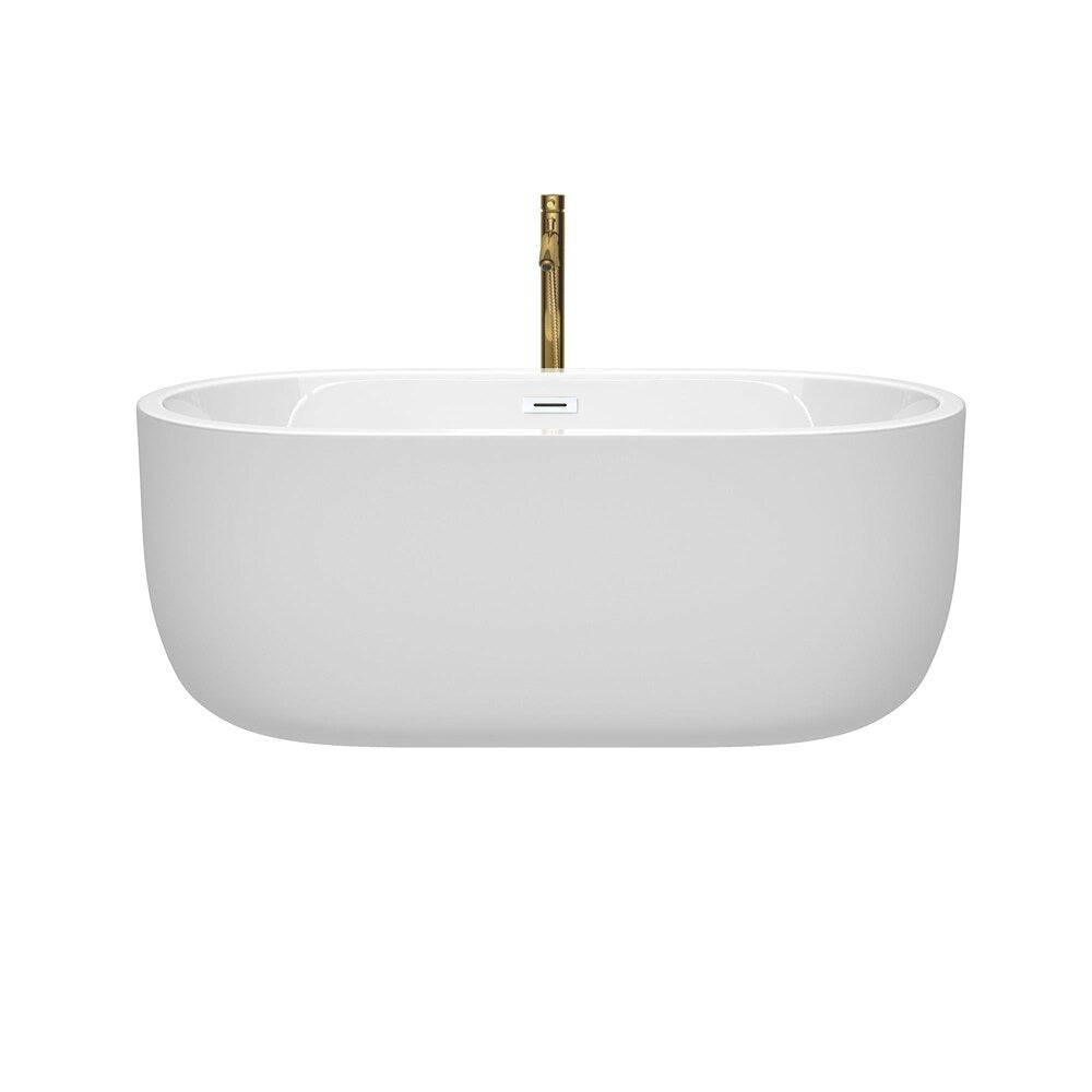 Baignoire autoportante Juliette de 60 pouces en blanc avec garniture blanche brillante et robinet en or brossé