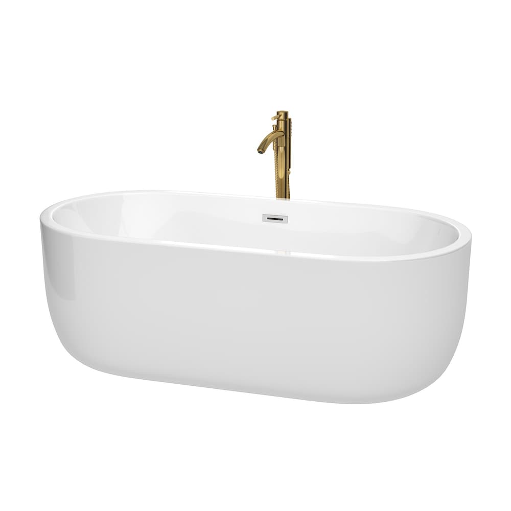 Baignoire autoportante Juliette de 67 pouces en blanc avec garniture en chrome poli et robinet en or brossé