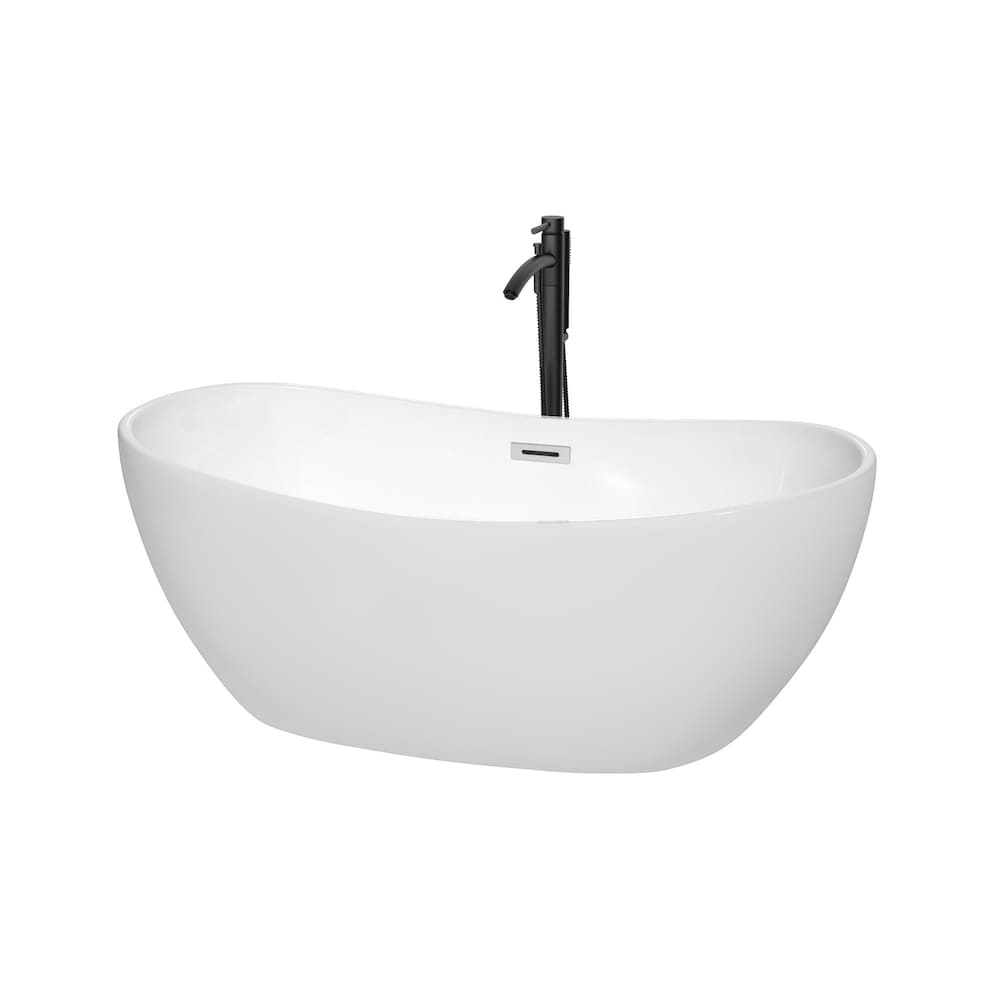 Baignoire autoportante Rebecca de 60 pouces en blanc avec garniture en chrome poli et robinet en noir mat