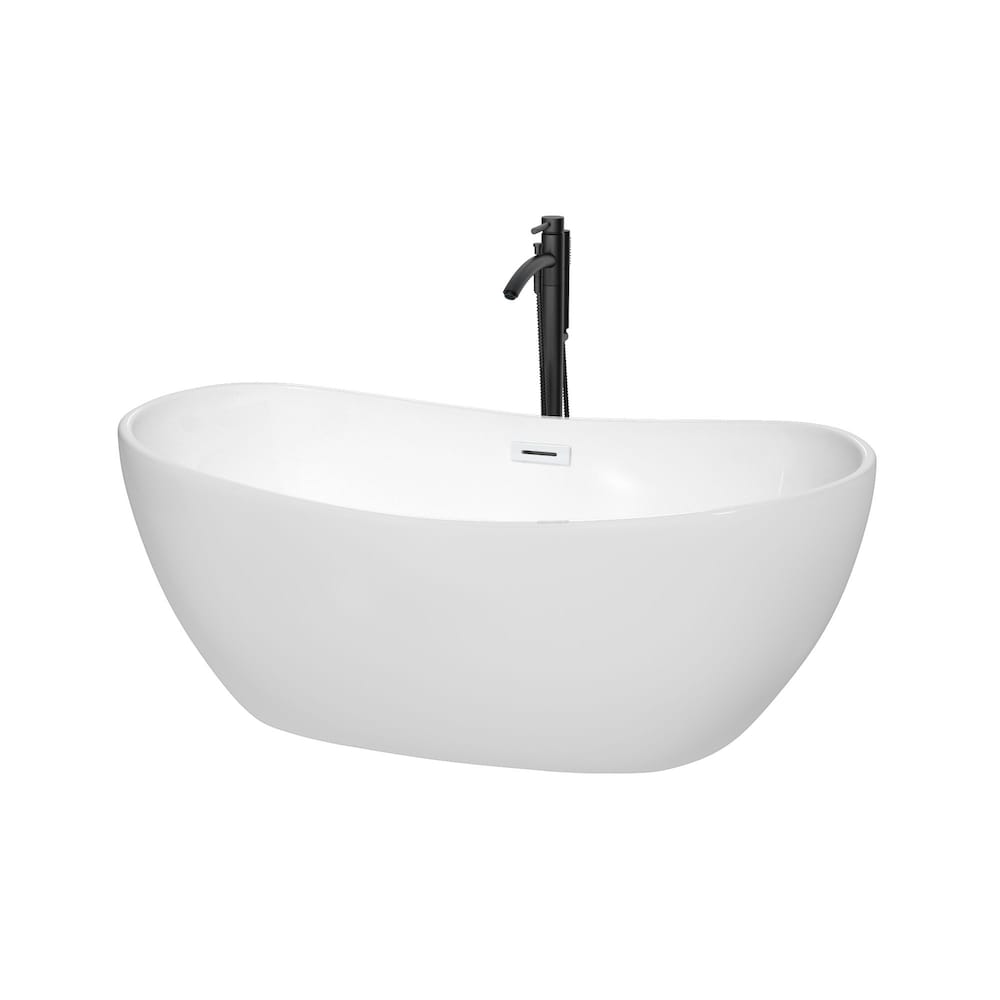 Baignoire autoportante Rebecca de 60 pouces en blanc avec garniture blanche brillante et robinet en noir mat
