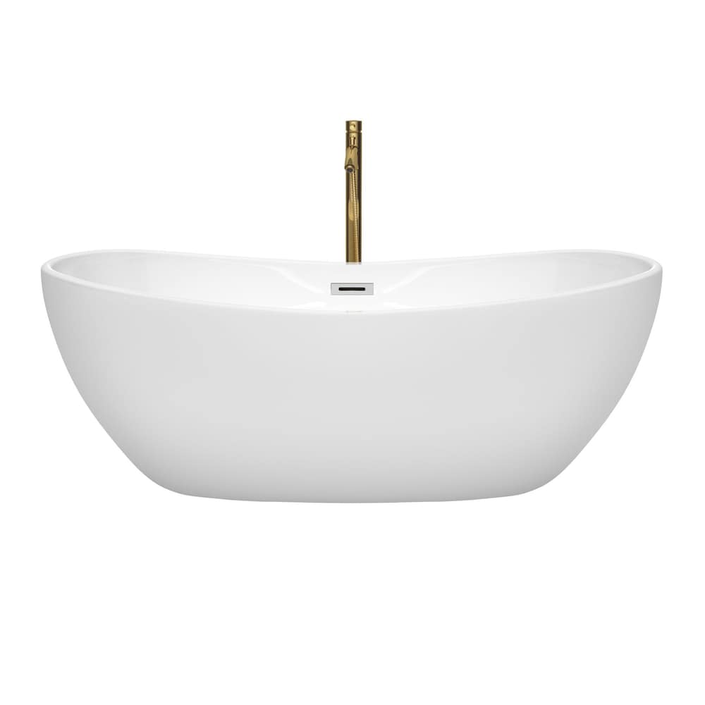 Rebecca 65 inch Freestanding Bathtub in White with Polished Chrome Trim and Faucet in Brushed Gold