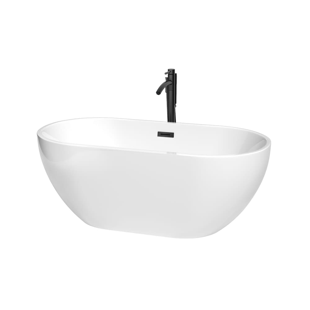 Brooklyn 60 inch Freestanding Bathtub in White with Faucet, Drain and Overflow Trim in Matte Black
