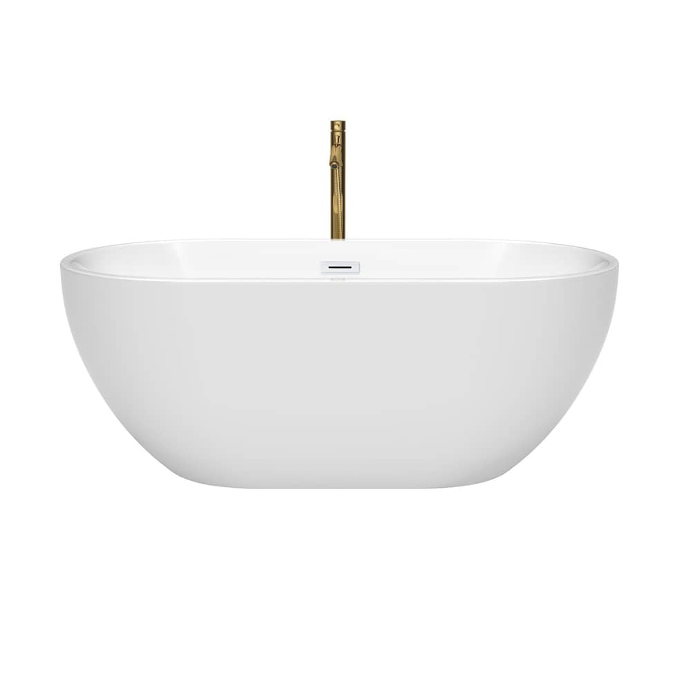 Baignoire autoportante Brooklyn de 60 pouces en blanc avec garniture blanche brillante et robinet en or brossé