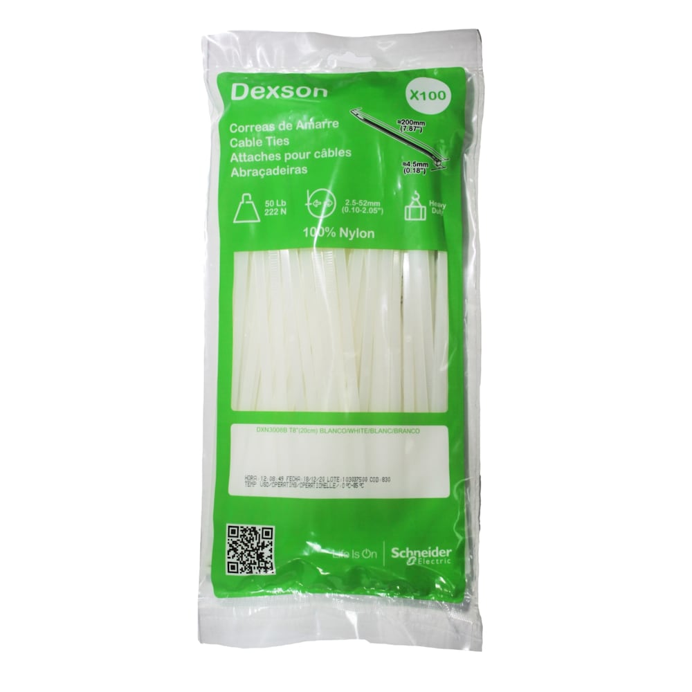 Attaches de câble robustes Dexson 20 cm x 4,6 mm, blanc (paquet de 100)