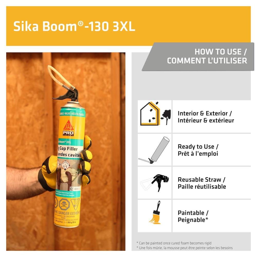 Sika Boom -130 3XL, 30 oz, mousse pulvérisée à grand foisonnement pour isolation intérieure et extérieure, 690 g