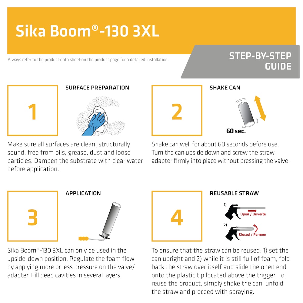 Sika Boom -130 3XL, 30 oz, mousse pulvérisée à grand foisonnement pour isolation intérieure et extérieure, 690 g