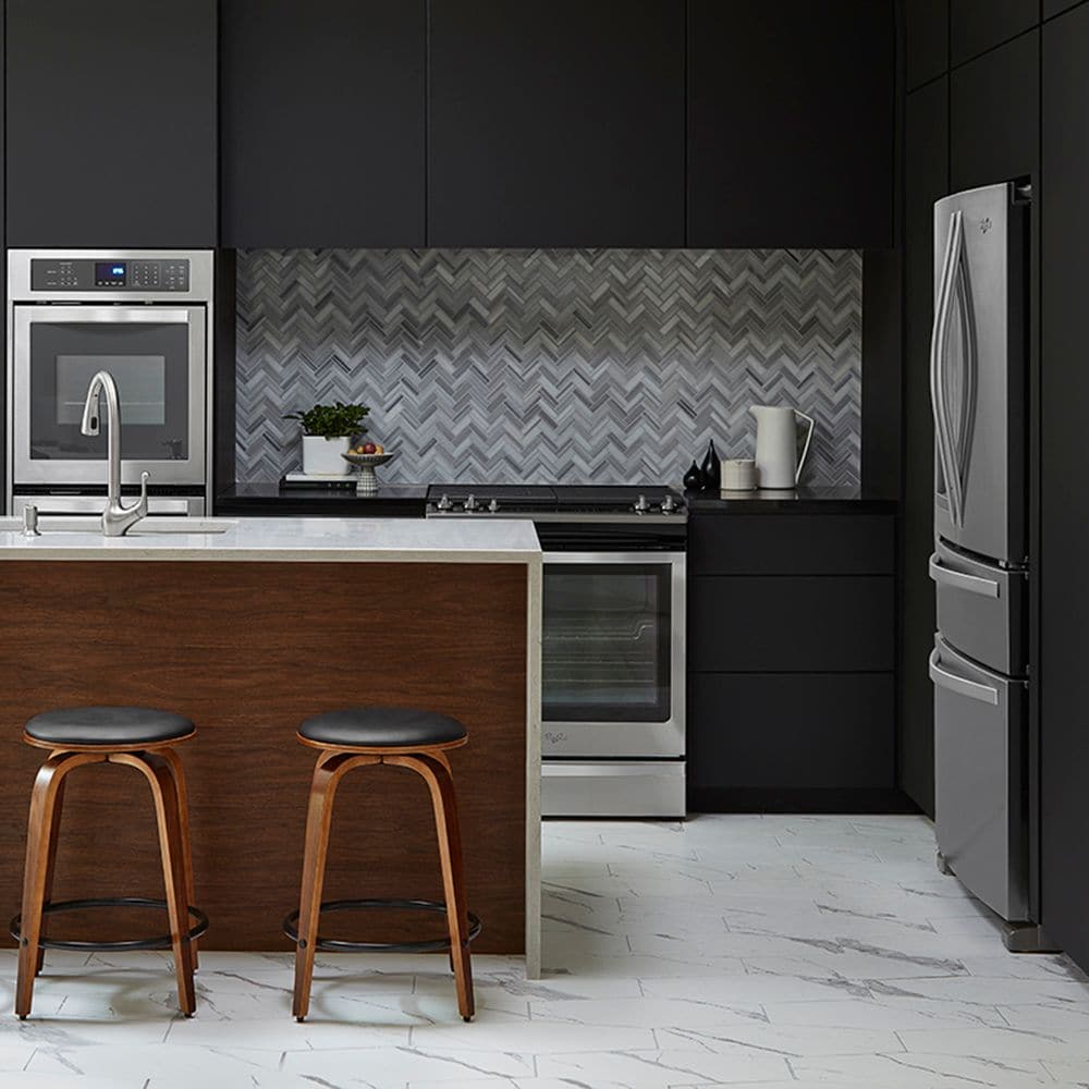 Zebra Plains Gray 13 in x 12 in. x 10mm Herringbone Polished Marble Wall and Floor Mosaic Tile