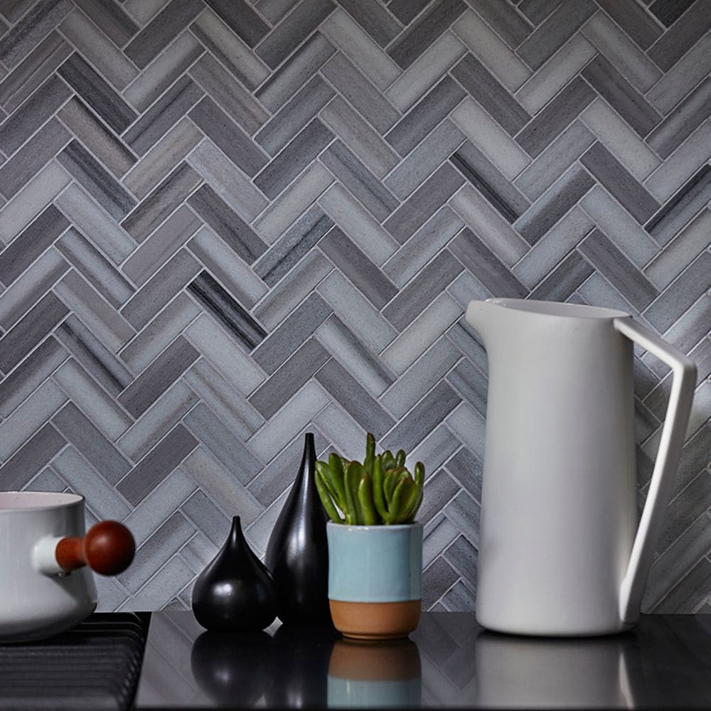 Zebra Plains Gray 13 in x 12 in. x 10mm Herringbone Polished Marble Wall and Floor Mosaic Tile