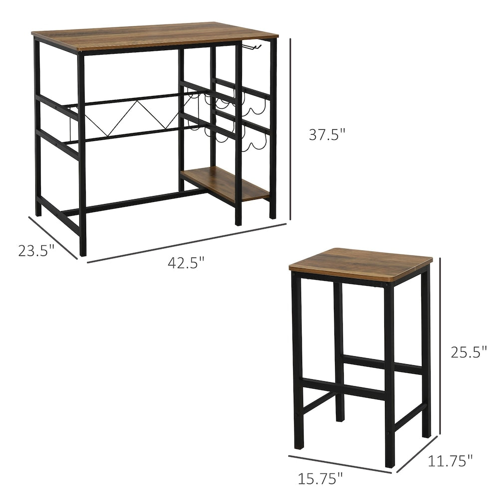 HOMCOM 3 Pieces Bar Bistro Set with Wine Rack Cup Holder and Metal Frame