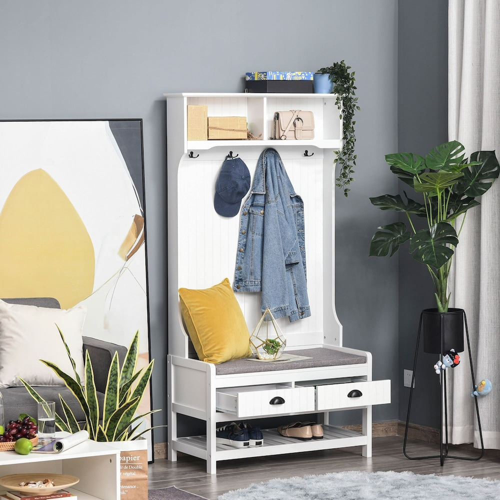 HOMCOM Coat Rack Stand Shoe Storage Bench w/ Hooks Shelves Drawers Seat Cushion