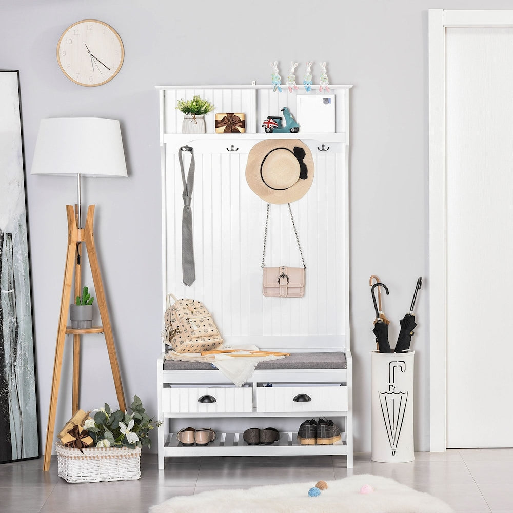 HOMCOM Coat Rack Stand Shoe Storage Bench w/ Hooks Shelves Drawers Seat Cushion