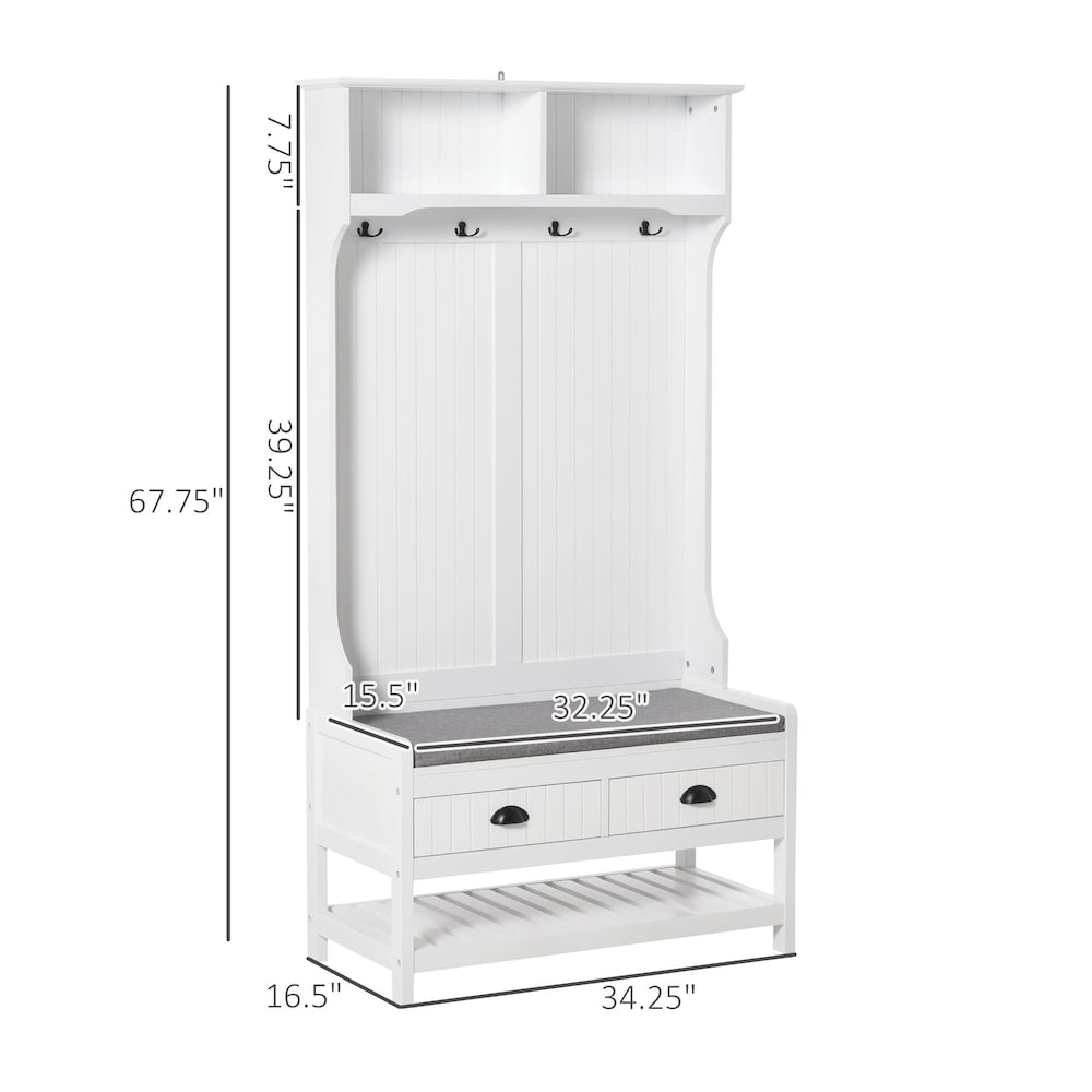 HOMCOM Coat Rack Stand Shoe Storage Bench w/ Hooks Shelves Drawers Seat Cushion