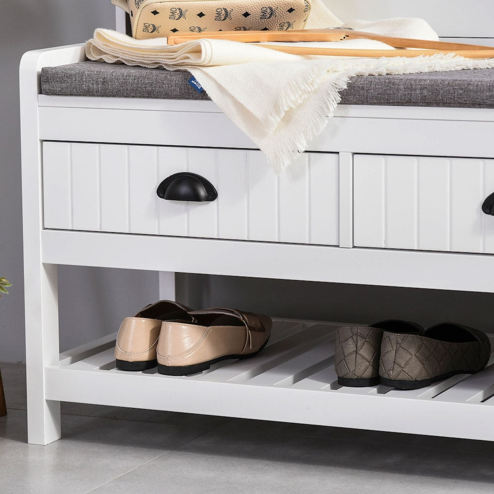 HOMCOM Coat Rack Stand Shoe Storage Bench w/ Hooks Shelves Drawers Seat Cushion