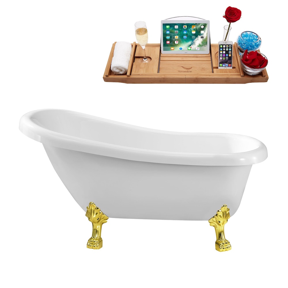 61 inch Streamline N480GLD-IN-GLD Soaking Clawfoot Bathtub and Tray with Internal Drain