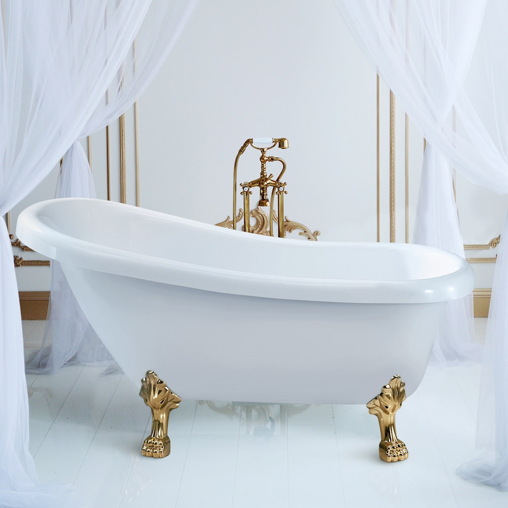 61 inch Streamline N480GLD-IN-GLD Soaking Clawfoot Bathtub and Tray with Internal Drain