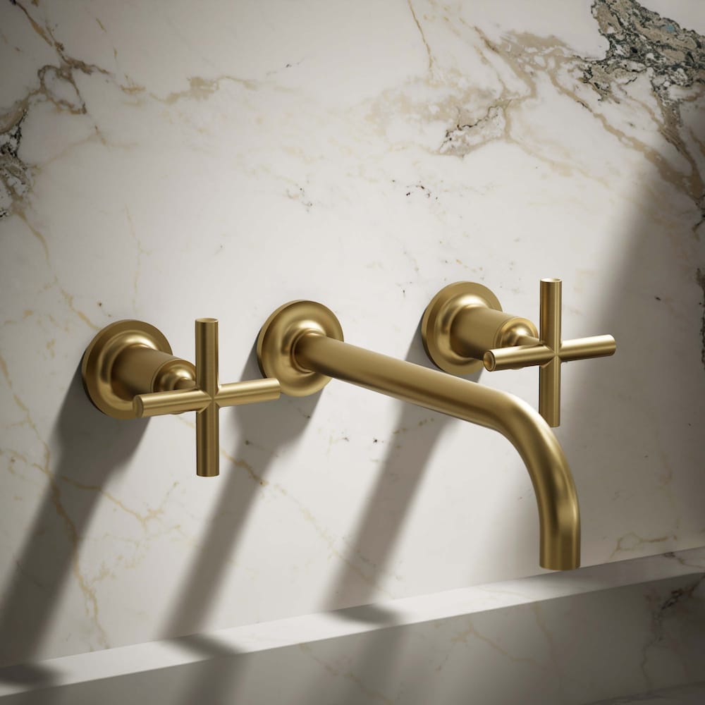 Purist 2-Handle 9 in. Wall-Mount Bathroom Sink Faucet with Cross Handles in Brass (Requires Valve)