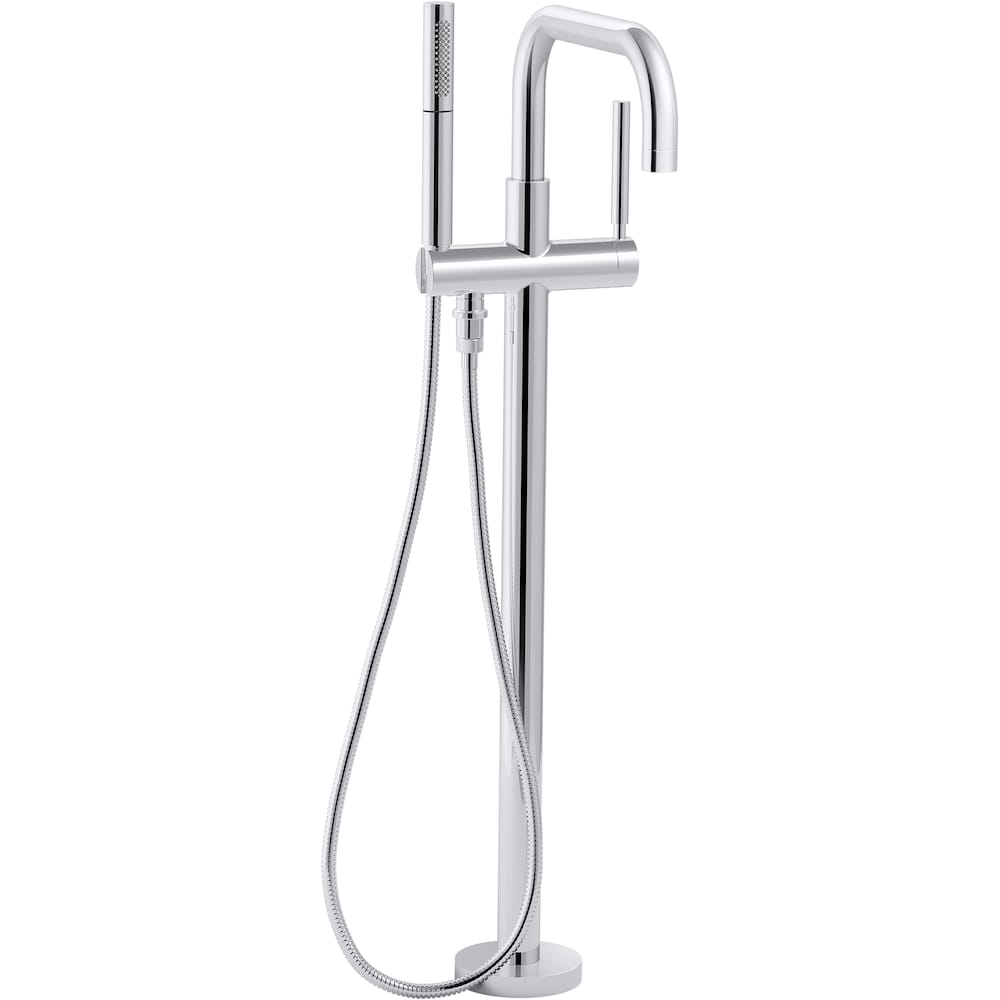 Robinet de baignoire romaine autoportant à poignée unique Purist avec douchette à main en chrome poli