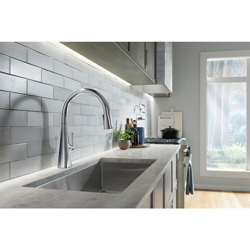 Robinet de cuisine Graze à poignée unique avec douchette rétractable et tête de pulvérisation à 3 fonctions en chrome poli