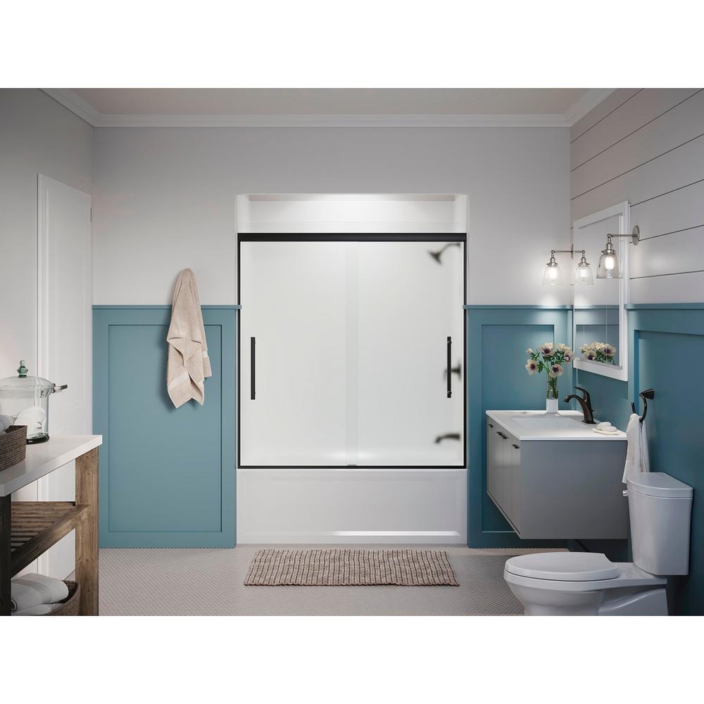 Pleat 59.625 in. x 63.5625 in. Frameless Sliding Bathtub Door in Matte Black with Frosted Glass