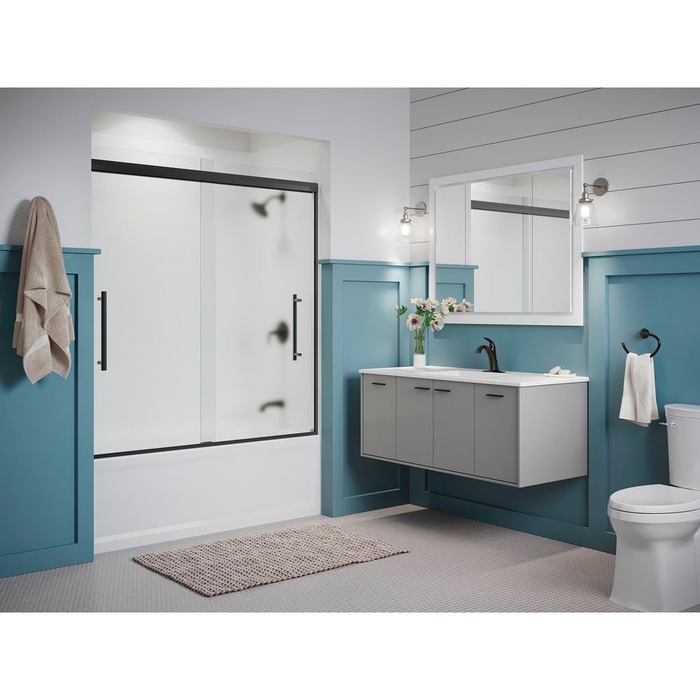 Pleat 59.625 in. x 63.5625 in. Frameless Sliding Bathtub Door in Matte Black with Frosted Glass