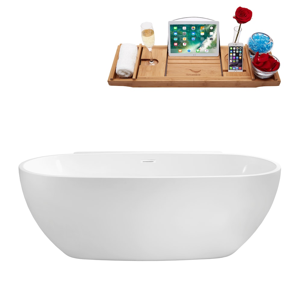Baignoire autoportante Streamline N300WH de 59 pouces et plateau avec drain interne