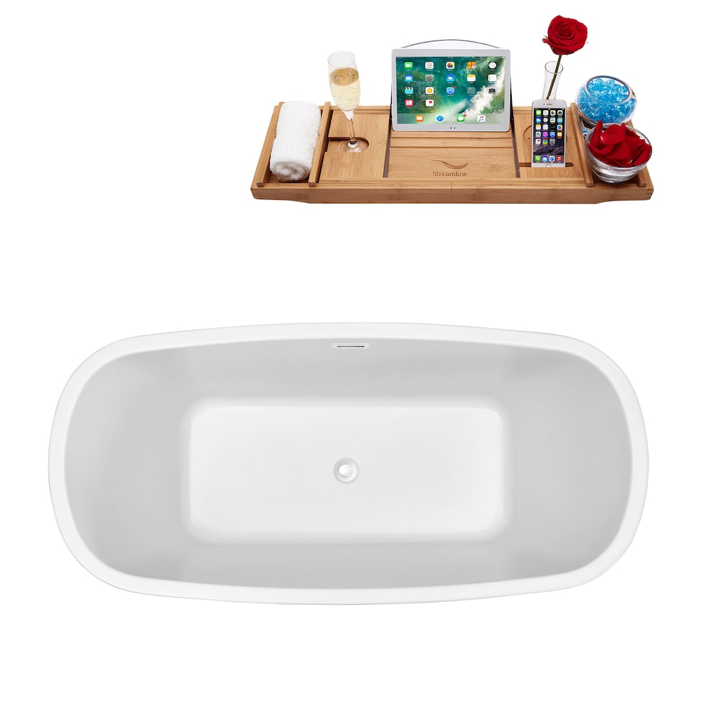 59 inch Streamline N780WH Soaking Freestanding Bathtub and Tray with Internal Drain