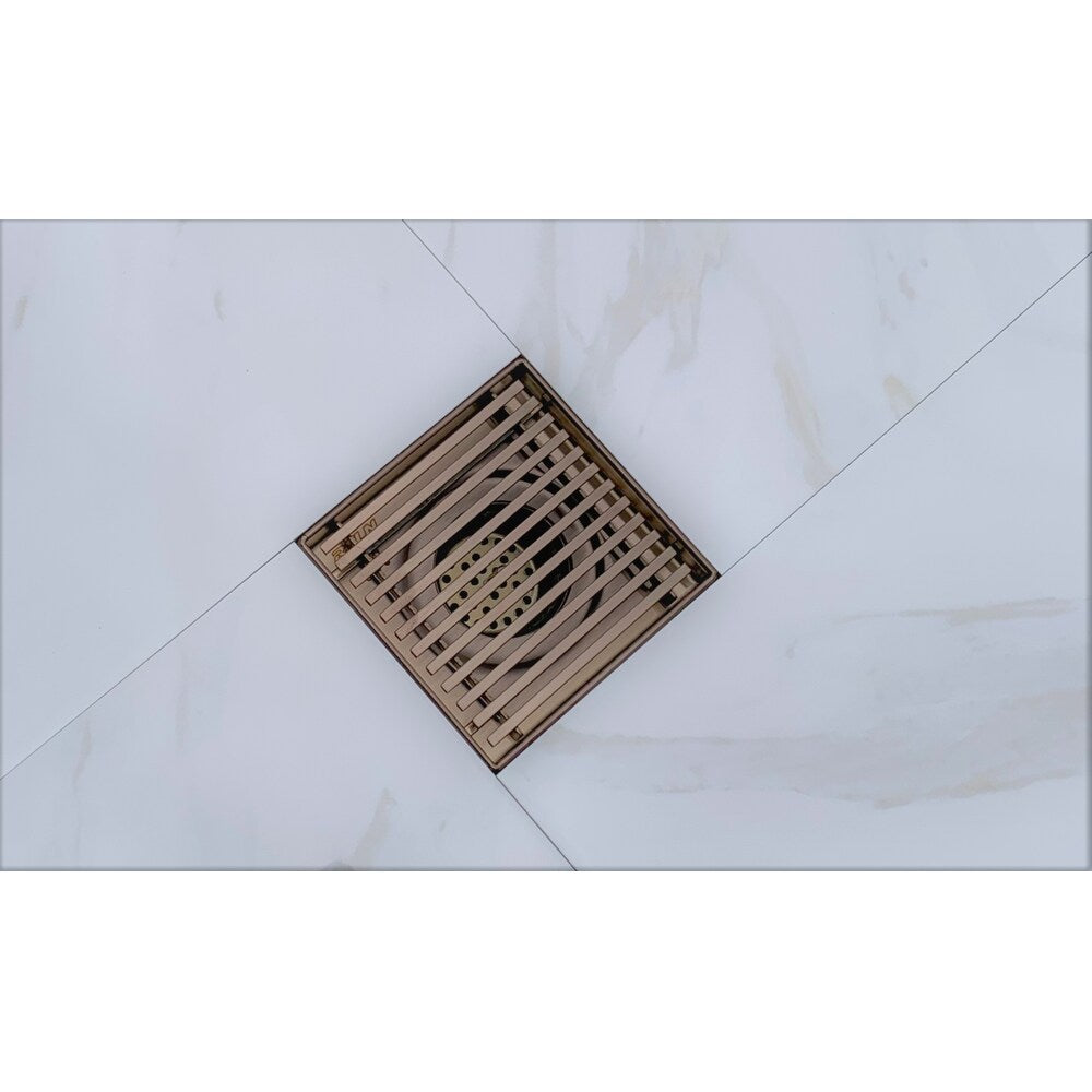 6 inch x 6 inch Rose Gold Square Shower Drain with Linear Pattern Drain Cover