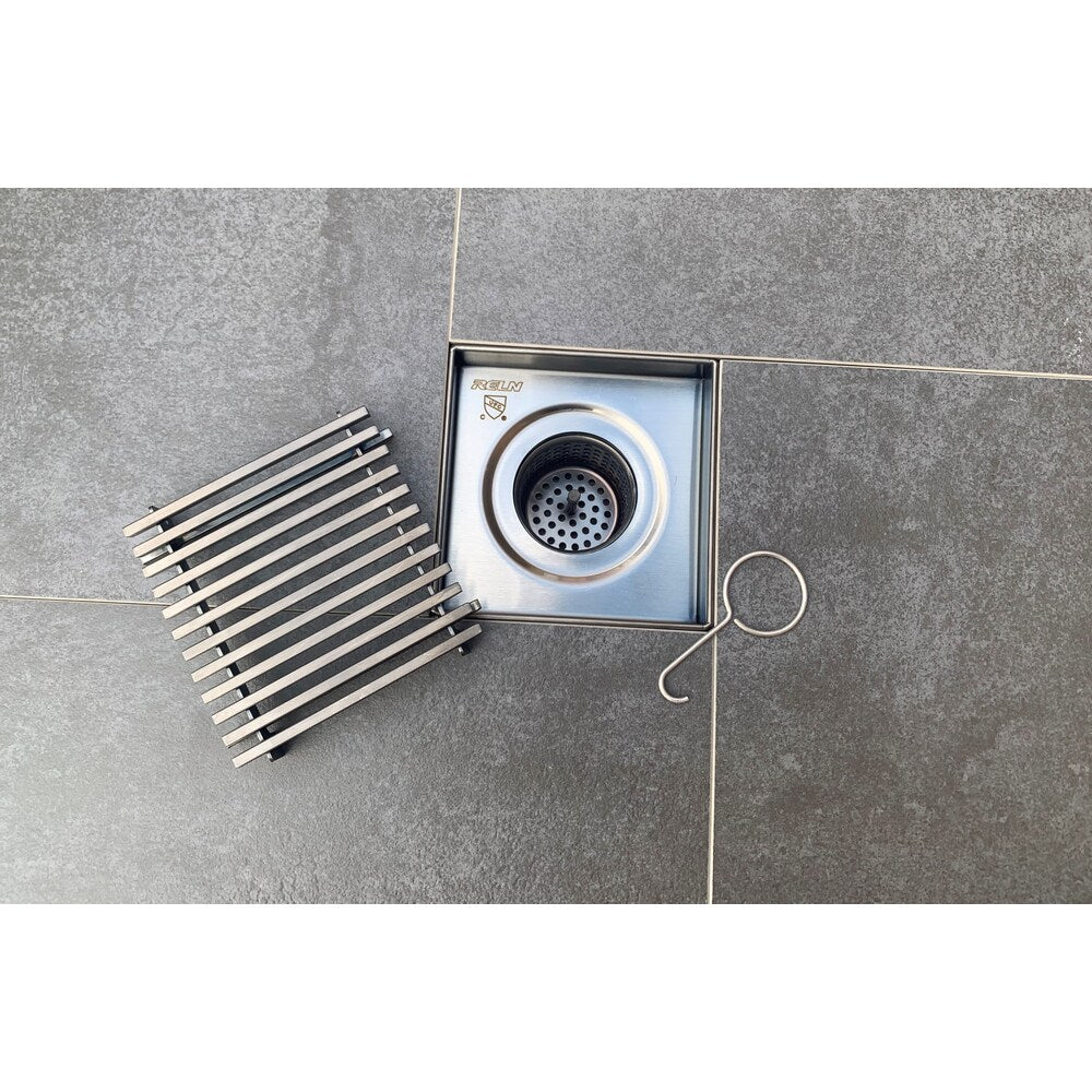 8 inch x 8 inch Gunmetal Grey Square Shower Drain with Linear Pattern Drain Cover