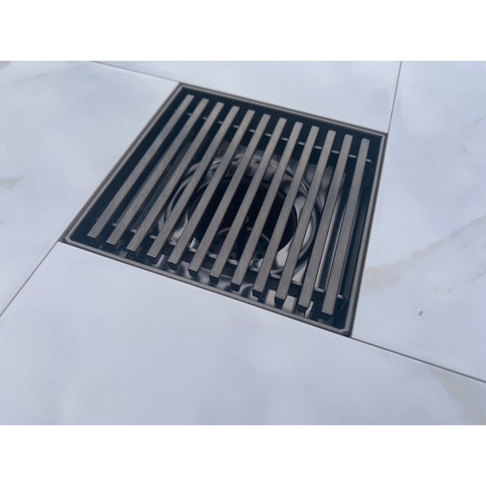 4 inch x 4 inch Gunmetal Grey Square Shower Drain with Linear Pattern Drain Cover