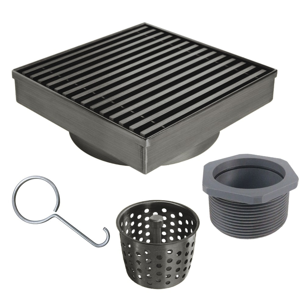 4 inch x 4 inch Gunmetal Grey Square Shower Drain with Linear Pattern Drain Cover