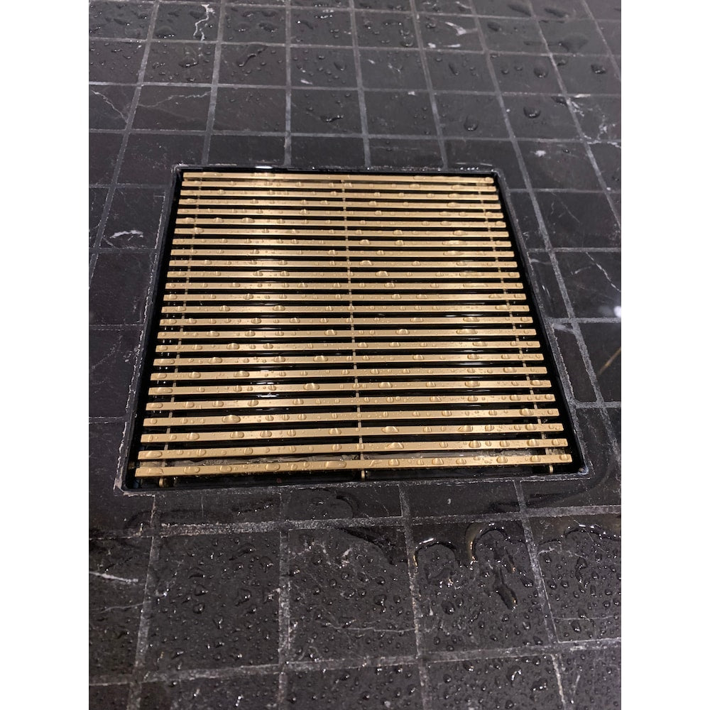 4 inch x 4 inch Brushed Gold Square Shower Drain with Linear Pattern Drain Cover