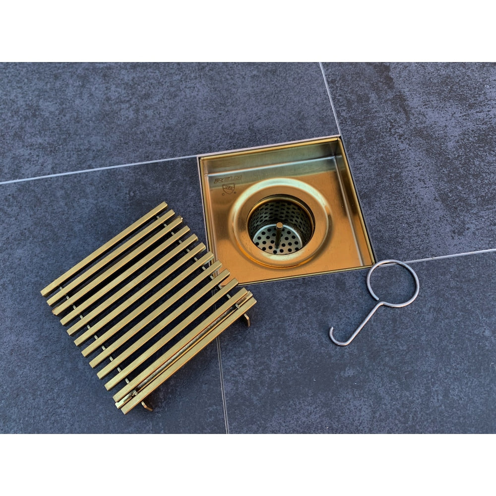 4 inch x 4 inch Brushed Gold Square Shower Drain with Linear Pattern Drain Cover