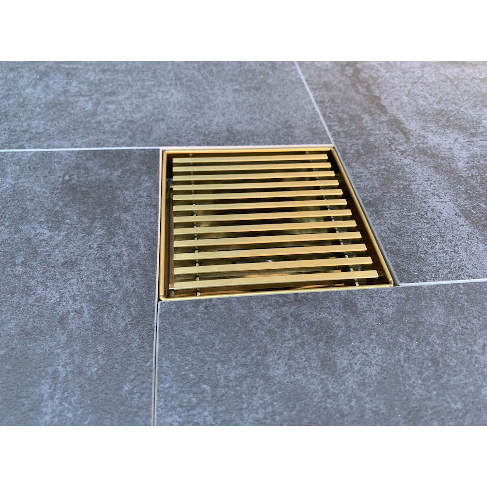 4 inch x 4 inch Brushed Gold Square Shower Drain with Linear Pattern Drain Cover