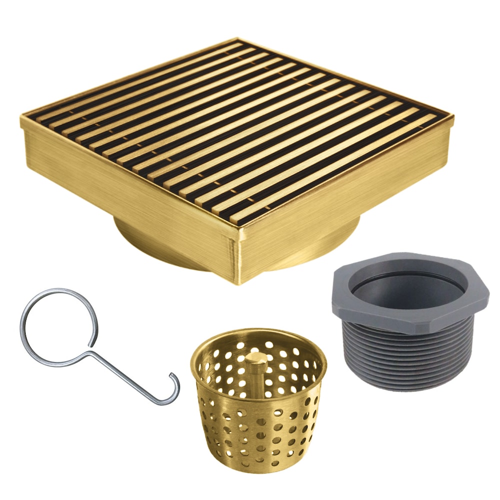 6 inch x 6 inch Brushed Gold Square Shower Drain with Linear Pattern Drain Cover